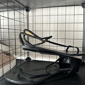 Saint laurent womens 42 (11) black suede and gold used t strap sandal authentic